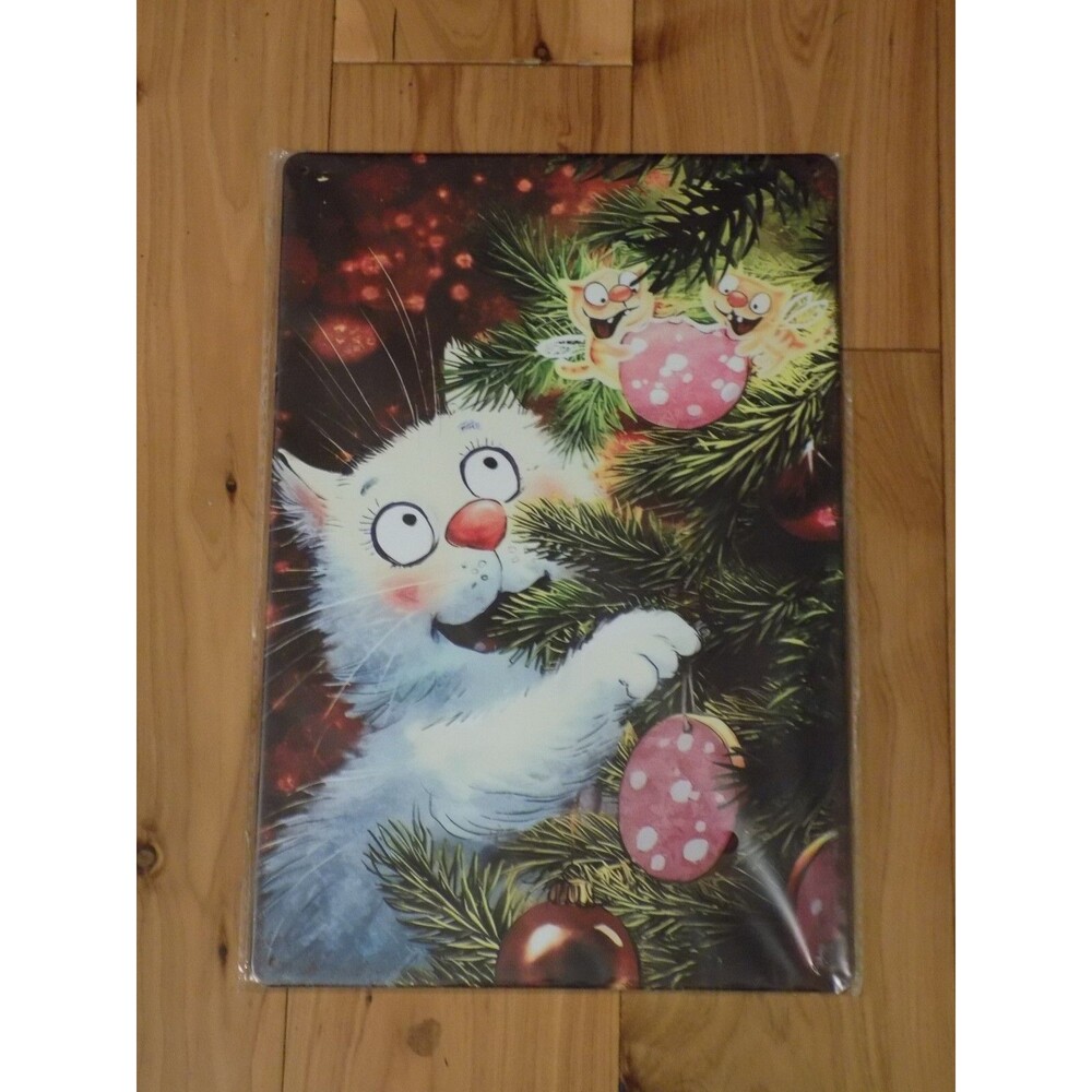 Metal Tin Decorative Art Sign Wall Hanging Decor Cat In Christmas Tree Funny